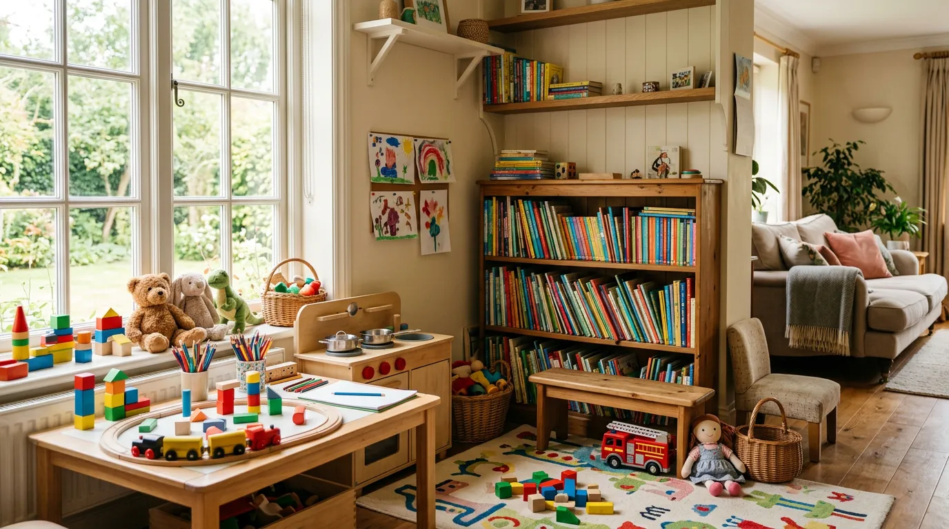 Warm home interior with colorful children's toys, books, and play area, sunlight from window, cozy family environment