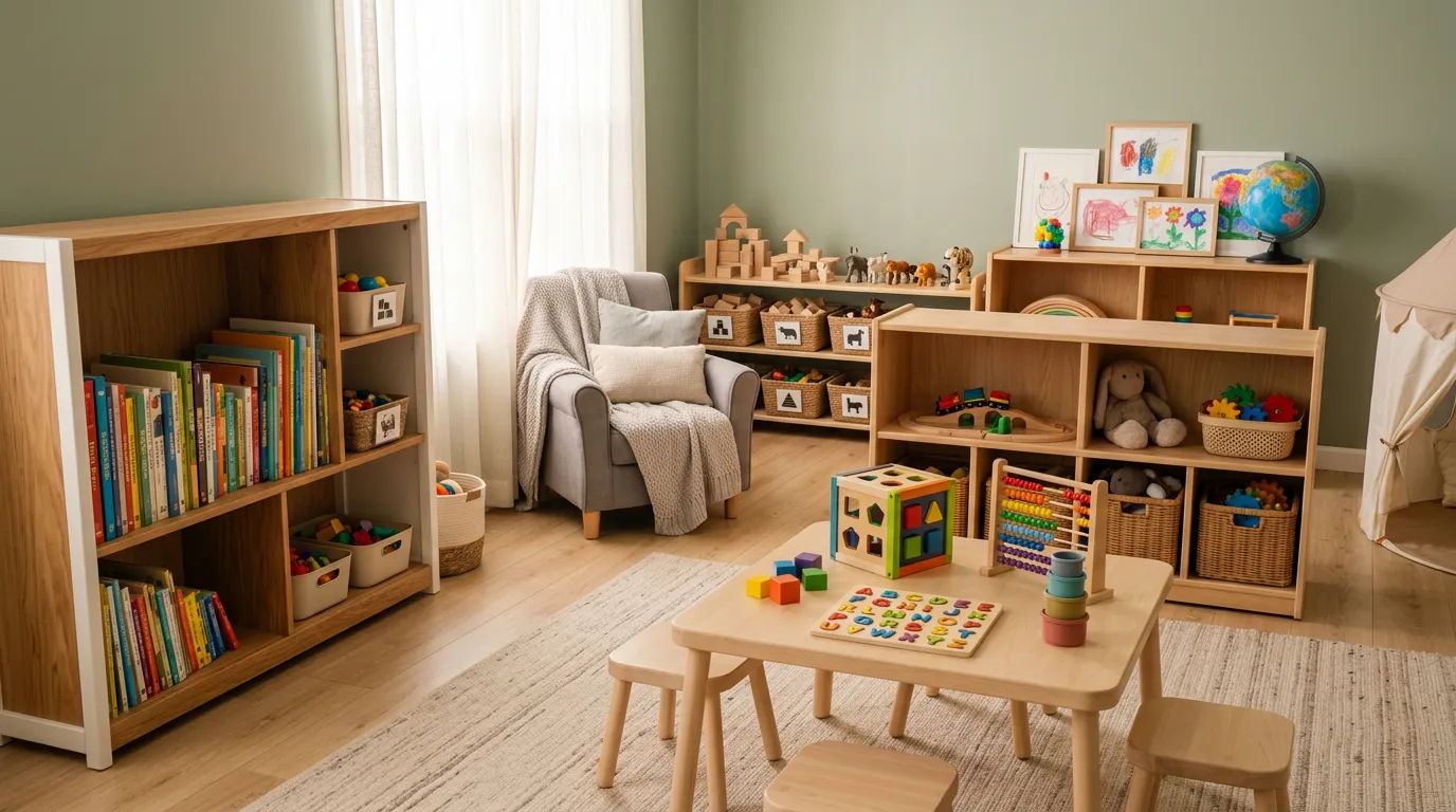 Clean children's play room with educational toys, books on shelf, soft lighting, organized safe environment