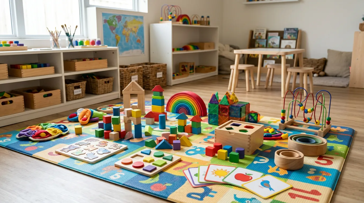 Children's learning environment with building blocks, puzzles, educational toys scattered on play mat, colorful and developmental tools
