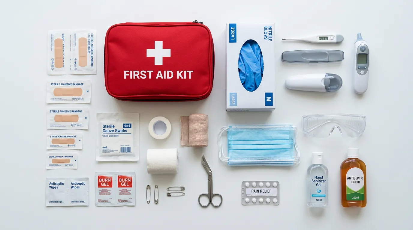 First aid kit, safety equipment, thermometer, and protective items neatly arranged on white surface, healthcare and safety focus