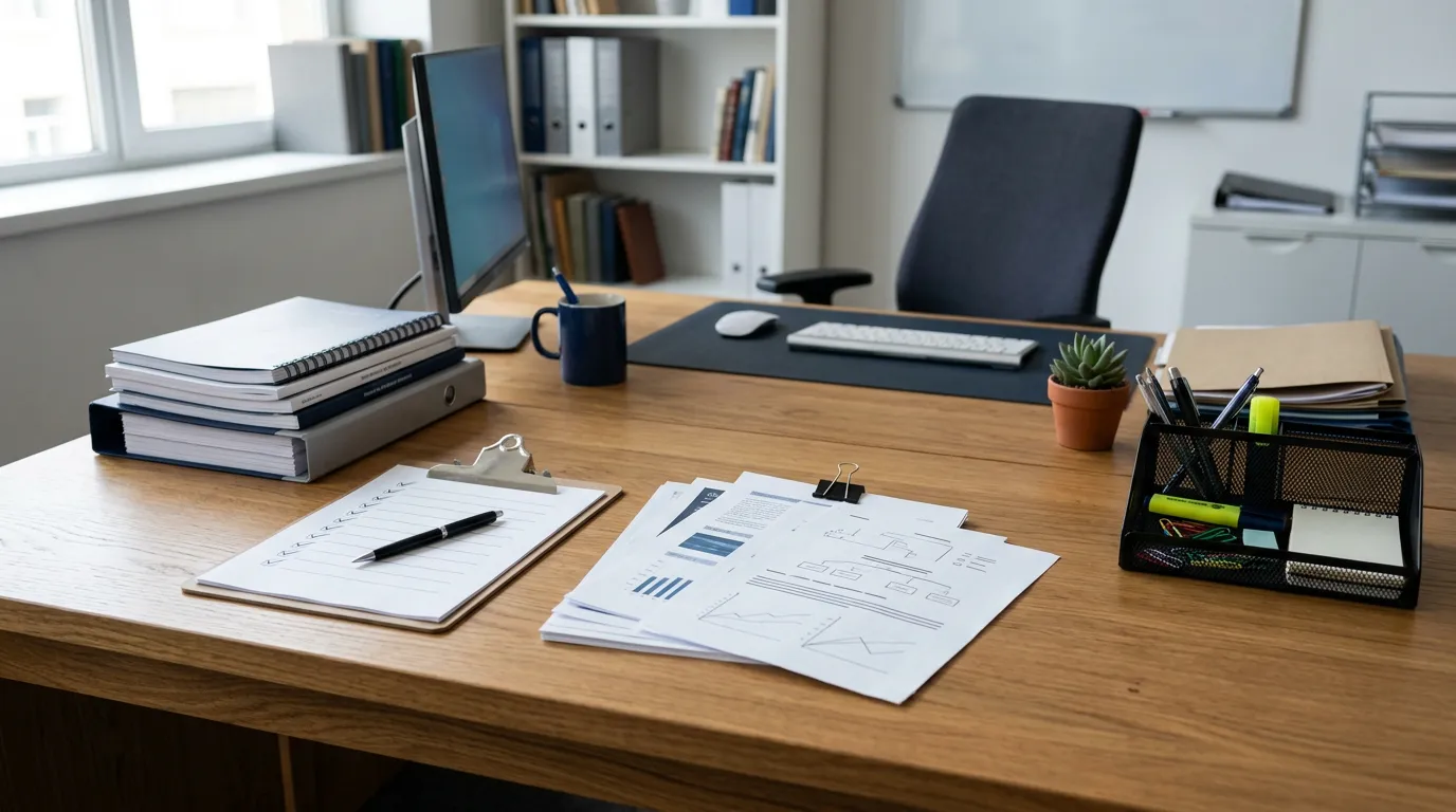 Professional office workspace with documents, checklist clipboard, pen, reference materials on desk, organized and professional setting